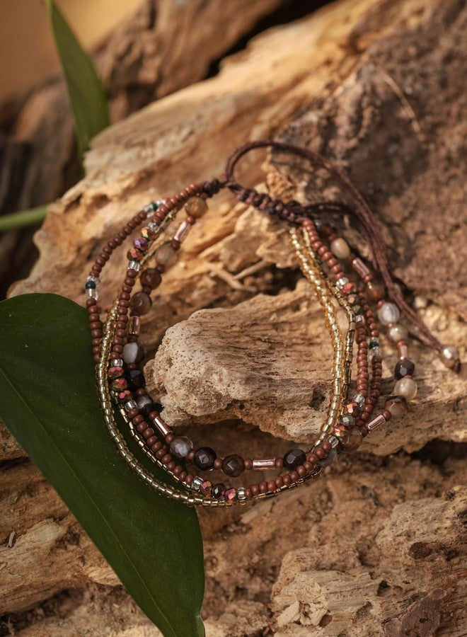 MINACHI Bohemian Rice Bead Braided Bracelet, Brown Gold Tone, Women's Travel Bracelet, Ethnic Style - Image 5