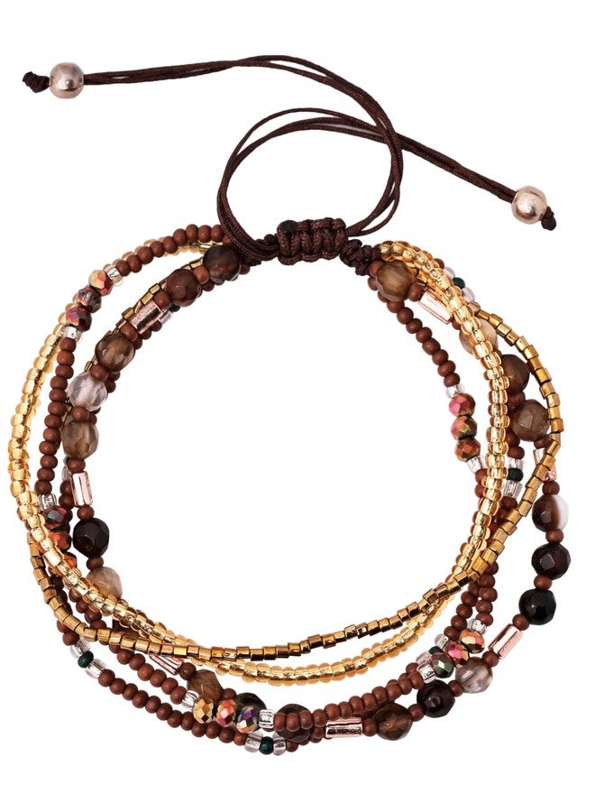 MINACHI Bohemian Rice Bead Braided Bracelet, Brown Gold Tone, Women's Travel Bracelet, Ethnic Style - Image 1