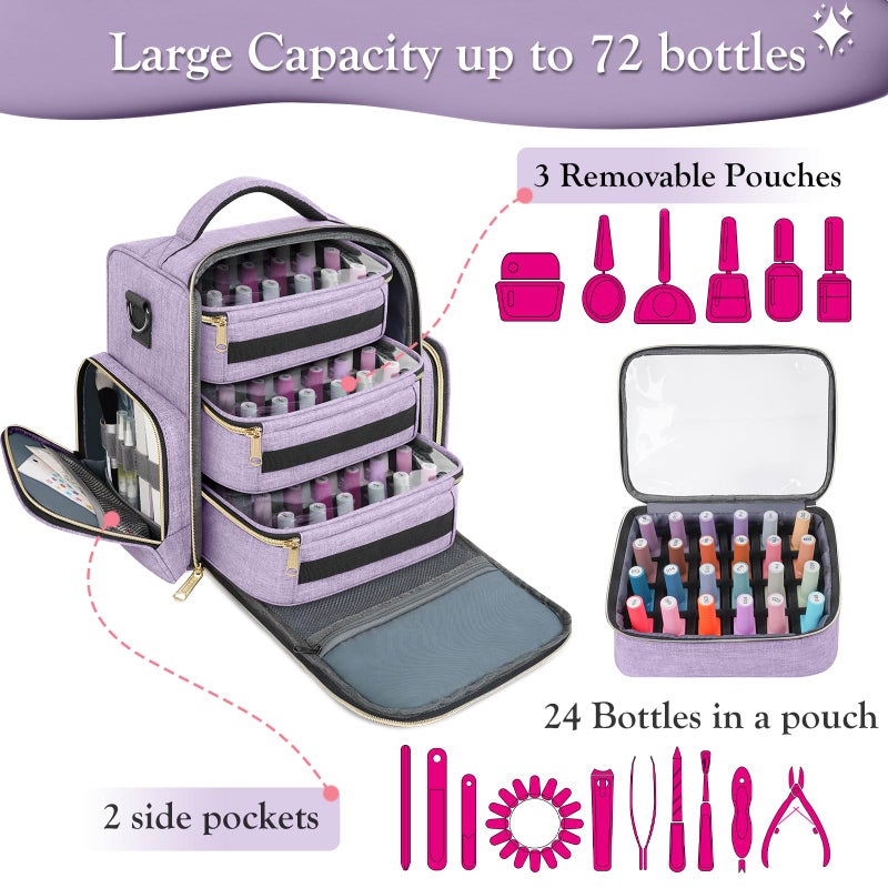 YOREPEK Nail Polish Organizer Holds Up to 72 Bottles (15ml - 0.5 fl.oz) and Nail Lamp, Nail Polish Storage with 3 Removable Pouches & Multiple Storage Sections for Manicure Set, Gifts for Manicurist - Image 3