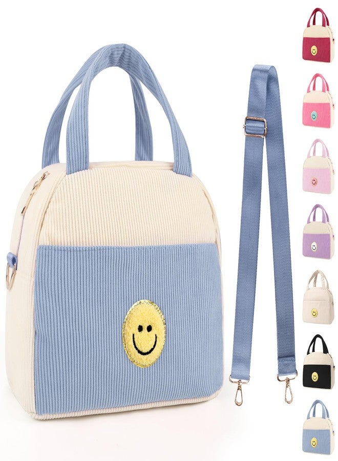 LSxia Kids Lunch Bag Lunch Box for Teen Girls Boys Back to School, Cute Preppy Lunchbox With Adjustable Shoulder Strap, Insulated Corduroy Lunch-Boxes Lunch-Bags for Women Work Picnic (Blue) - Image 1