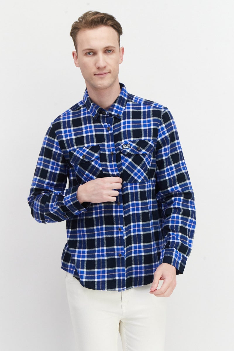 PERRY ELLIS Men Regular Fit Long Sleeve Checked Casual Shirt, Blue Combo - Image 1