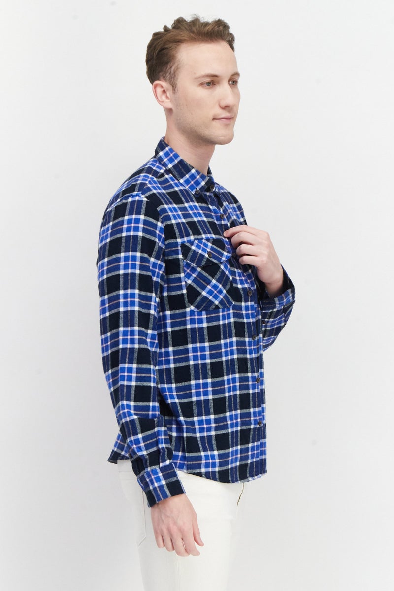 PERRY ELLIS Men Regular Fit Long Sleeve Checked Casual Shirt, Blue Combo - Image 3