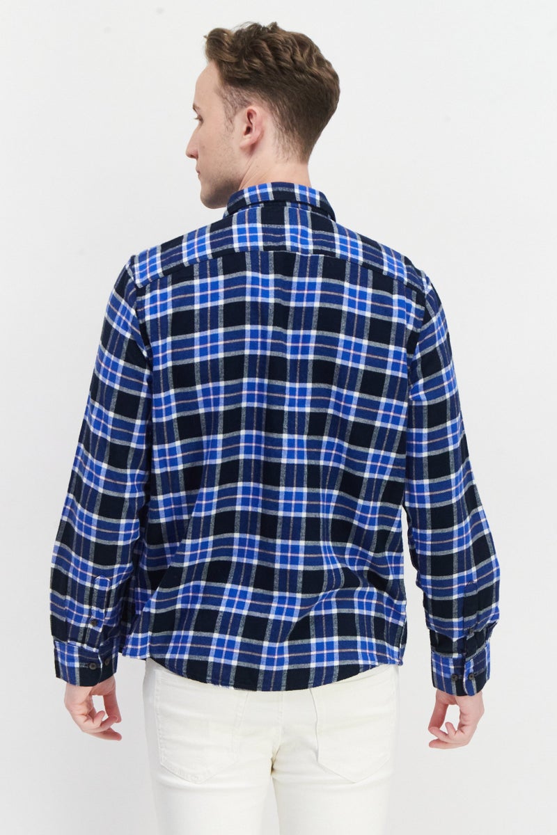 PERRY ELLIS Men Regular Fit Long Sleeve Checked Casual Shirt, Blue Combo - Image 4