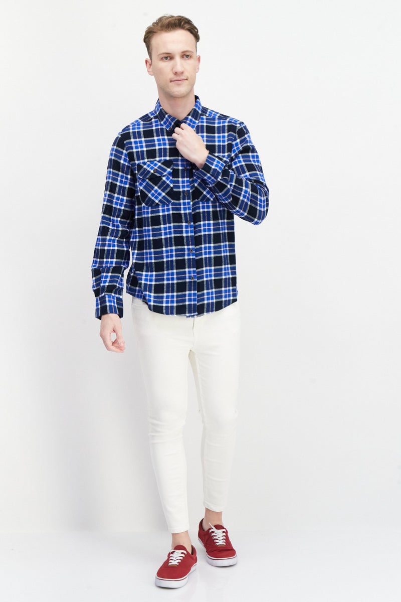 PERRY ELLIS Men Regular Fit Long Sleeve Checked Casual Shirt, Blue Combo - Image 2