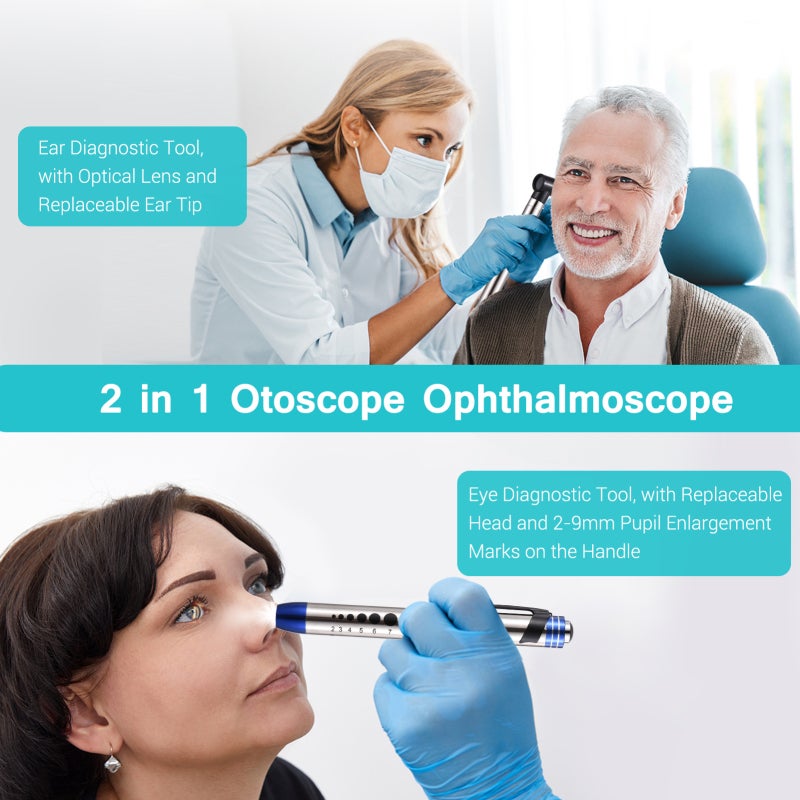 2 in 1 Otoscope Ophthalmoscope Diagnostic Kit with Optical Lens LED Light - Silver Black Handheld Direct Otoscope for Ears Eyes Examination - Image 3
