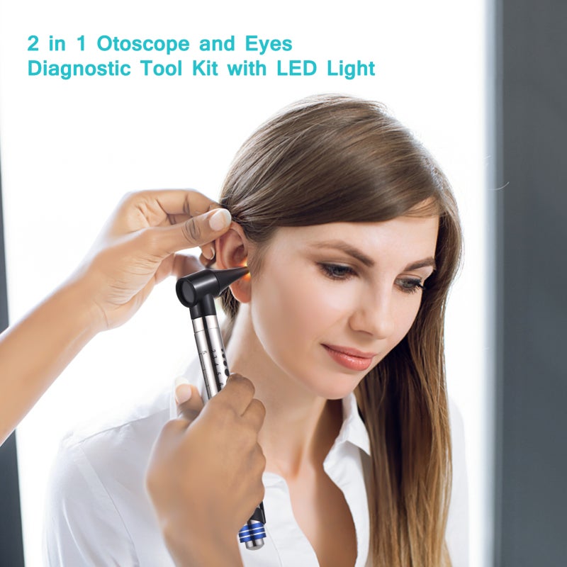 2 in 1 Otoscope Ophthalmoscope Diagnostic Kit with Optical Lens LED Light - Silver Black Handheld Direct Otoscope for Ears Eyes Examination - Image 2