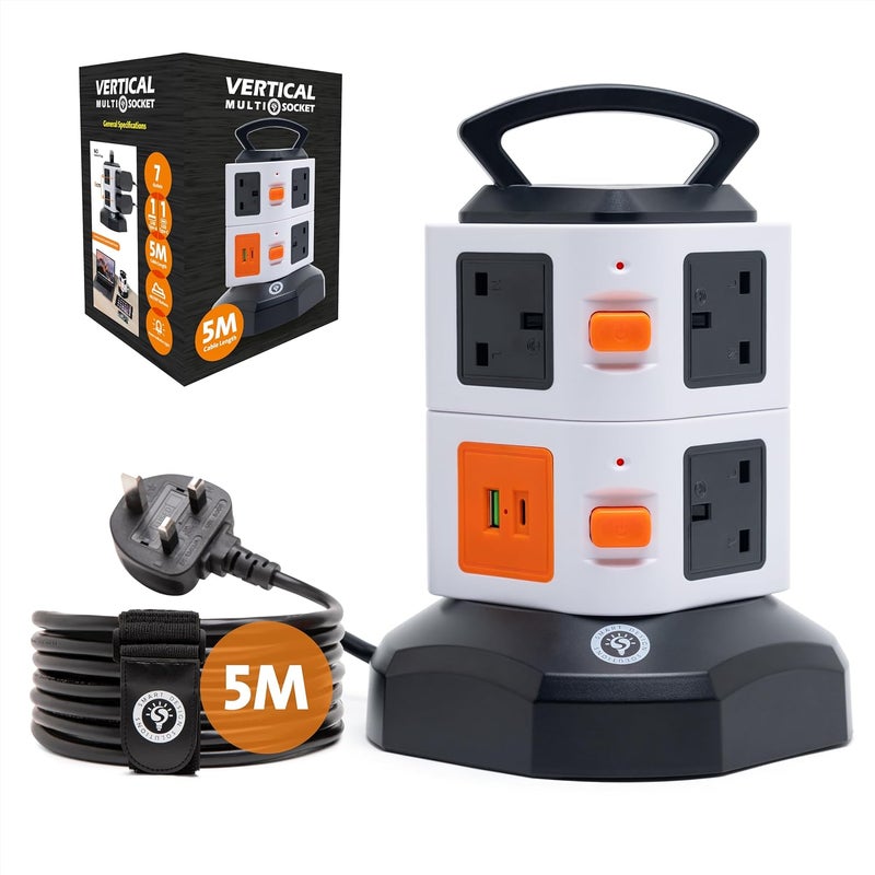 Smart Design Solutions Tower Extension Cord with USB | Multi Plug UK Power Strip Tower | 5m Cable | Surge Protector - Image 1