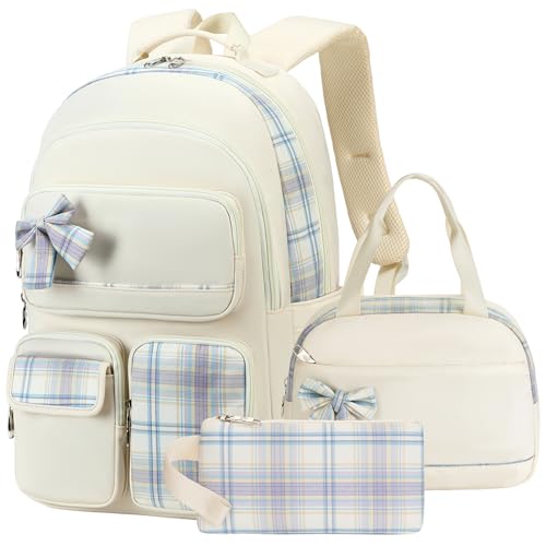 KIDNUO Girls Backpack,3pcs Backpacks with Lunch Box Pencil Case Set 15.6 Inch Laptop School Bag Kids Kindergarten Elementary College Bags Large Bookbag for Teen Women Students Casual Travel Daypacks Beige - Image 1