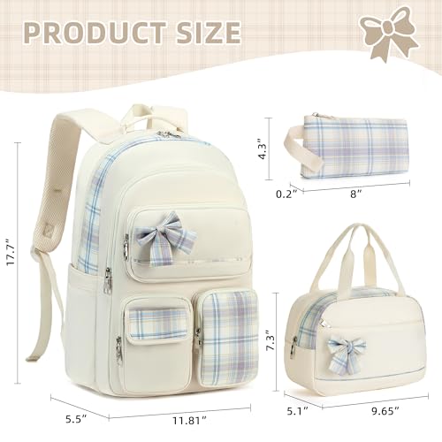 KIDNUO Girls Backpack,3pcs Backpacks with Lunch Box Pencil Case Set 15.6 Inch Laptop School Bag Kids Kindergarten Elementary College Bags Large Bookbag for Teen Women Students Casual Travel Daypacks Beige - Image 3