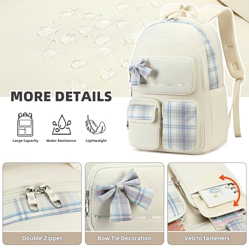 KIDNUO Girls Backpack,3pcs Backpacks with Lunch Box Pencil Case Set 15.6 Inch Laptop School Bag Kids Kindergarten Elementary College Bags Large Bookbag for Teen Women Students Casual Travel Daypacks Beige - Image 5