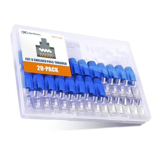 Cable Matters كابل ماترز 20-عبوة 23-24AWG موصل RJ45 محمي Cat8 مع شريط تحميل وأحذية تخفيف الضغط، مطلية بالذهب 50µ، موصلات RJ45 تمرير Cat 8، غير متوافقة مع كابل 22AWG - Image 1