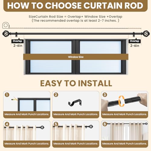 Luvenia Black Decorative Curtain Rod,Adjustable Curtain Rods For Windows 30 to 60 Inch(2.5-5Ft),Curtain Rod For Bedroom, Living Room,Kitchen,Farmhouse - Image 5