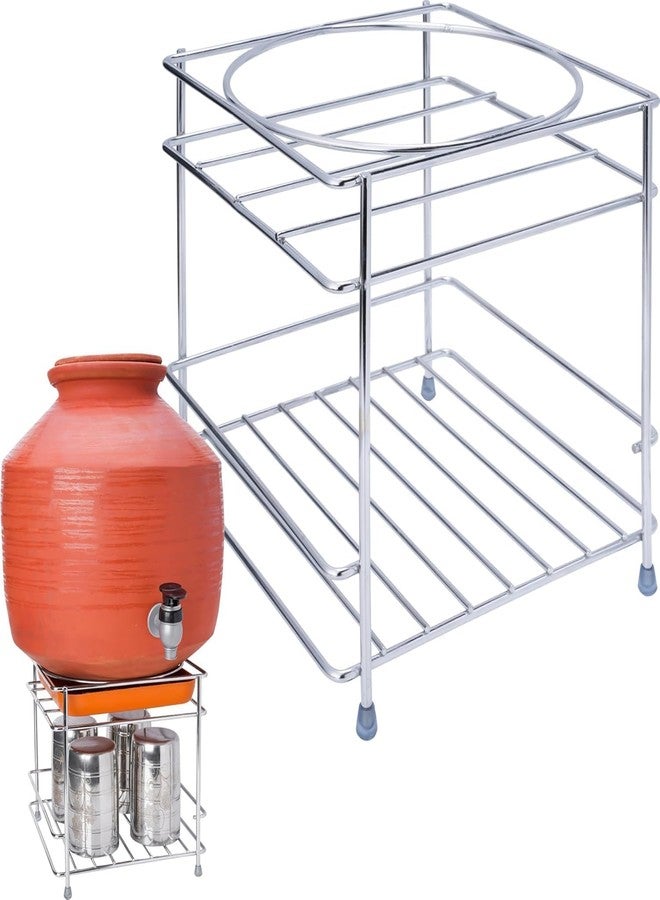 PRAYTEX Stainless Steel Heavy Matka Stand with Tray Holder, Pot Stand Water Dispenser Stand, Water Jar Holder, Matka Rack, Multipurpose Rack for Kitchen/Bathroom (20 x 20 x 18 CM) Stand Only - Image 1