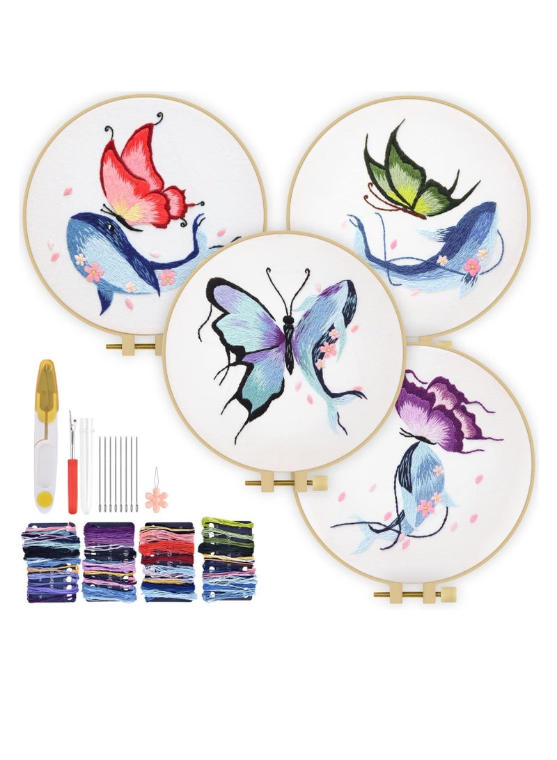 SYOSI Beginners Embroidery Stitch Practice kit, Butterfly Whale Embroidery Kit for Beginners Include Embroidery Cloth Hoops Threads for Craft Lover Hand Stitch with Embroidery Skill Techniques 4 Sets - Image 1