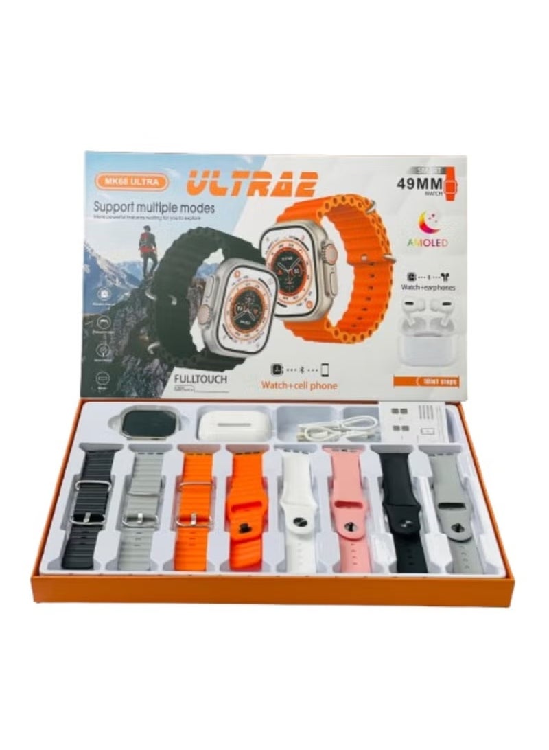 vesus 10 in1 Smart Watch Ultra with Earphones Or 10 Straps Full Touch Color Screen Bluetooth Calling Health and Sports Smartwatch Multicolor - Image 1