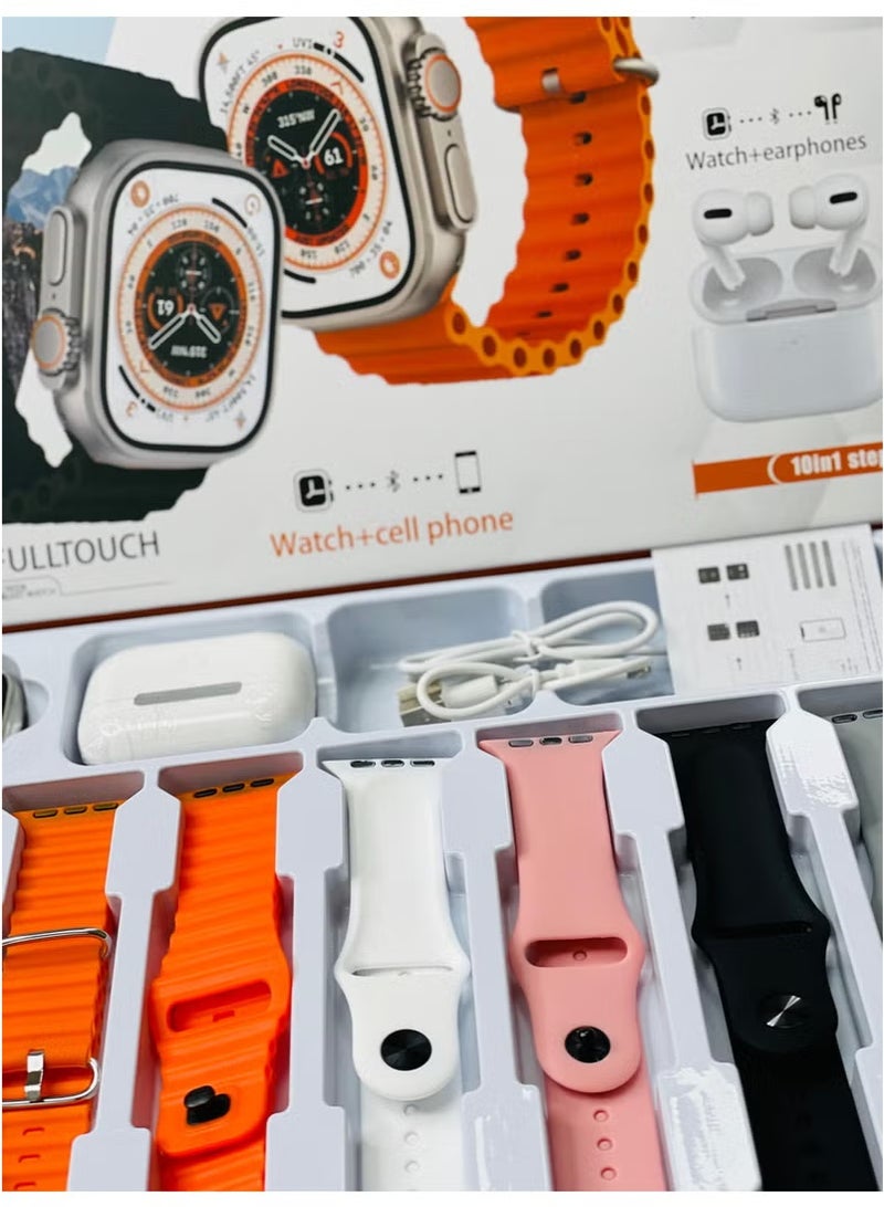 vesus 10 in1 Smart Watch Ultra with Earphones Or 10 Straps Full Touch Color Screen Bluetooth Calling Health and Sports Smartwatch Multicolor - Image 3