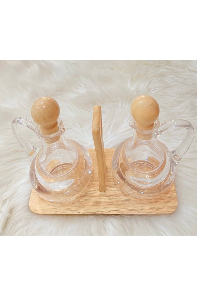 Oil and Vinegar Bottle Set - Clear Acrylic with Elegant Wooden Base and Stoppers - Image 1