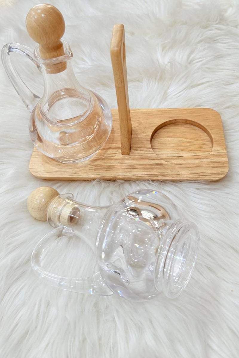 Oil and Vinegar Bottle Set - Clear Acrylic with Elegant Wooden Base and Stoppers - Image 2