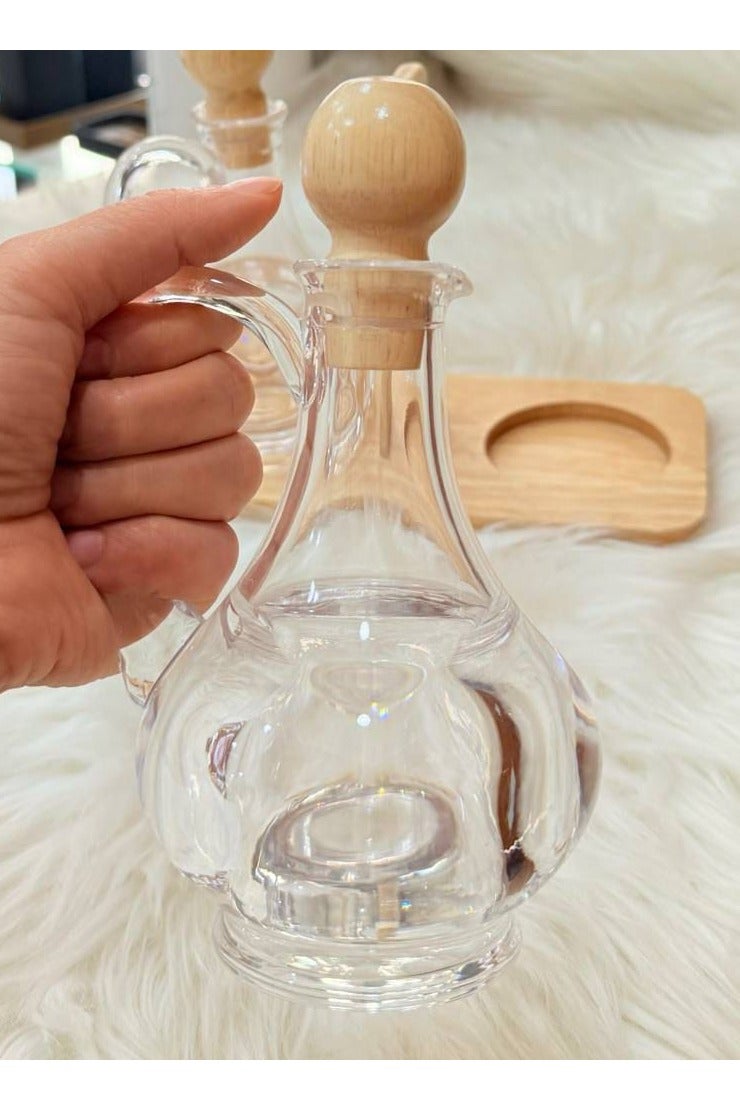 Oil and Vinegar Bottle Set - Clear Acrylic with Elegant Wooden Base and Stoppers - Image 3