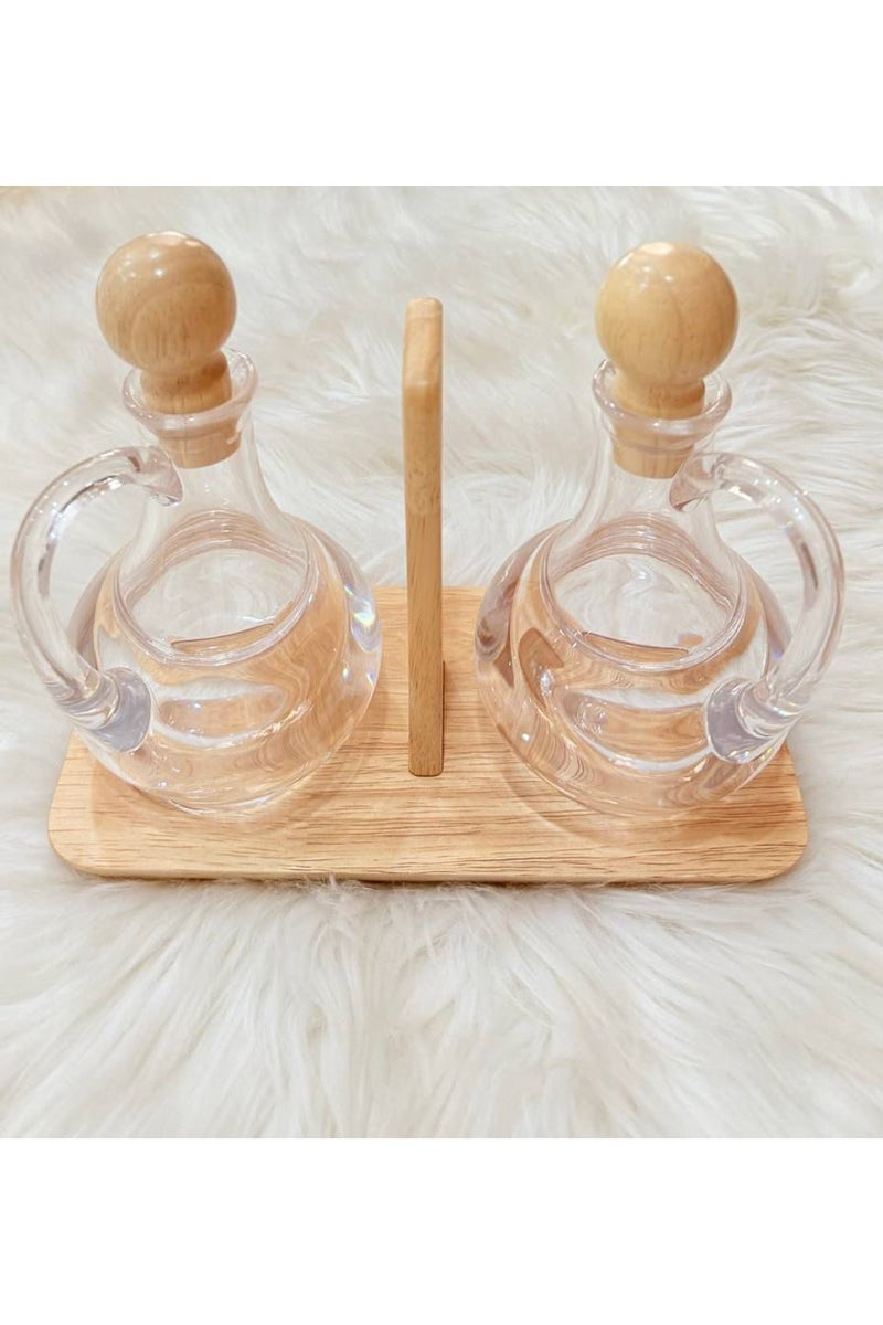 Oil and Vinegar Bottle Set - Clear Acrylic with Elegant Wooden Base and Stoppers - Image 4