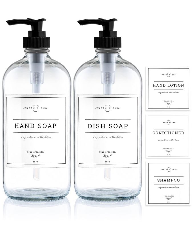 CLEAR GLASS SOAP DISPENSER 2 PACK KITCHEN SOAP DISPENSER SET WITH RUSTPROOF PUMP 16 OZ DISH SOAP AND HAND SOAP DISPENSERS FOR BATHROOM WITH WATERPROOF LABELS