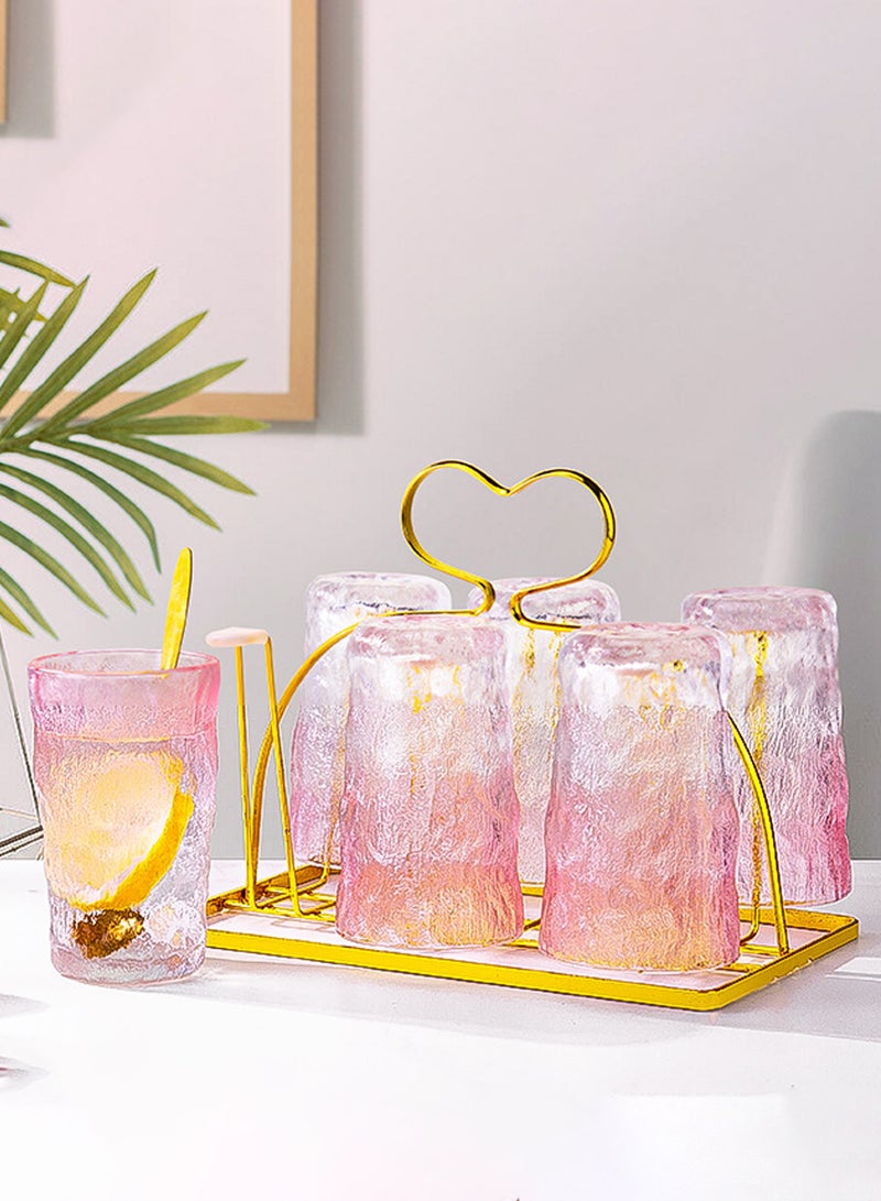 6 أكواب شرب زجاجية وردية منقوشة - 300 مل للكوب، أكواب زجاجية مزخرفة فاخرة للقهوة والماء والعصائر والمشروبات - Image 5