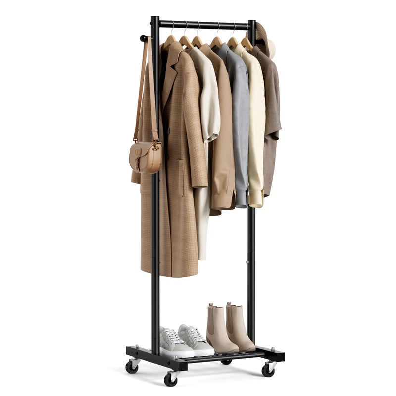 MISSLO Small Clothes Racks for Hanging Clothes Clothing Rack with Wheels 60" Metal Garment Rack with Shelves Portable Rolling Wardrobe Rack for Small Space, Black - Image 1