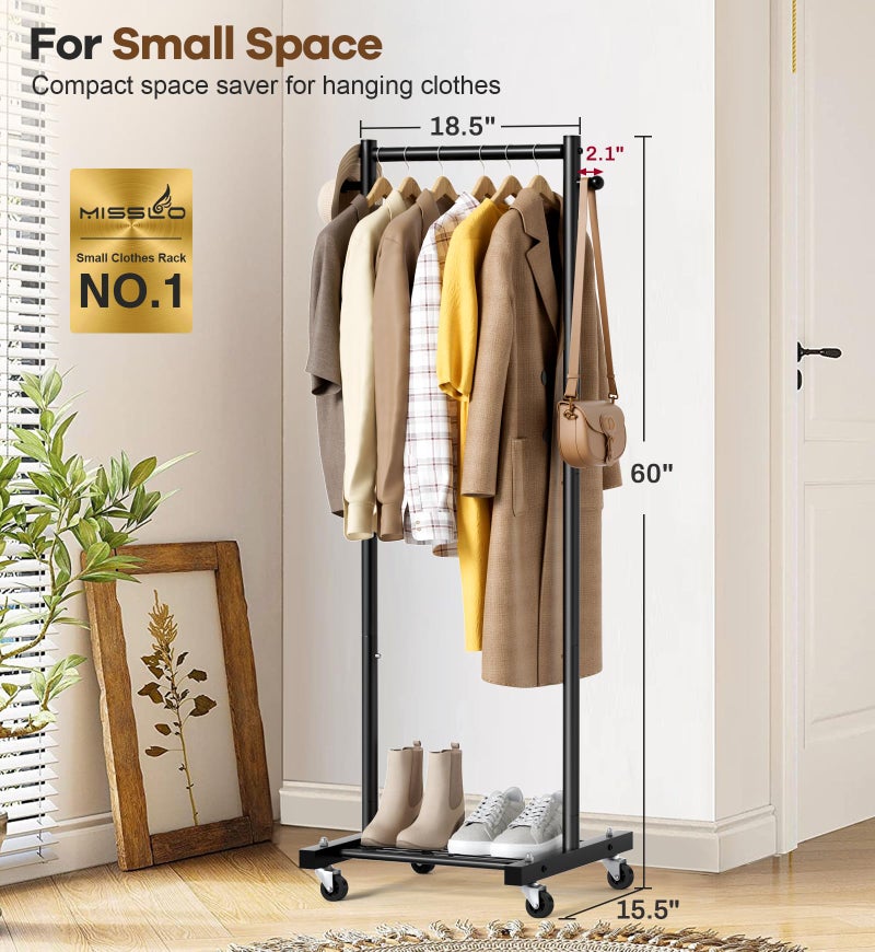 MISSLO Small Clothes Racks for Hanging Clothes Clothing Rack with Wheels 60" Metal Garment Rack with Shelves Portable Rolling Wardrobe Rack for Small Space, Black - Image 2