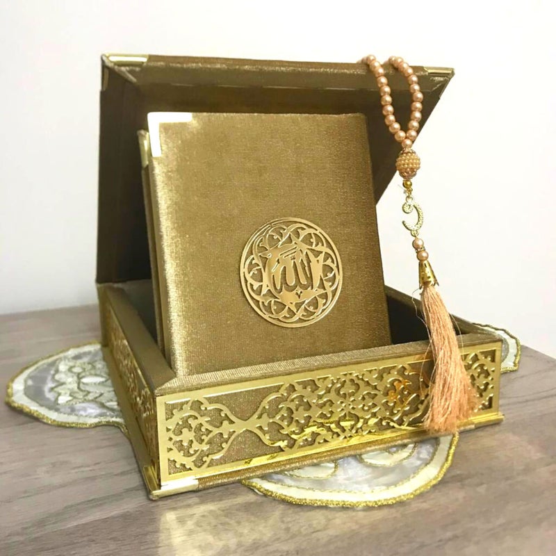 VOGUEHOMEDECOR Velvet Covered Quran and Pearl Tasbih in Wooden Decorative Box  Quran Gift Box  Islamic Gift Set  Islamic Birthday Wedding Gift  Muslim Eid Ramadan Gift Gold