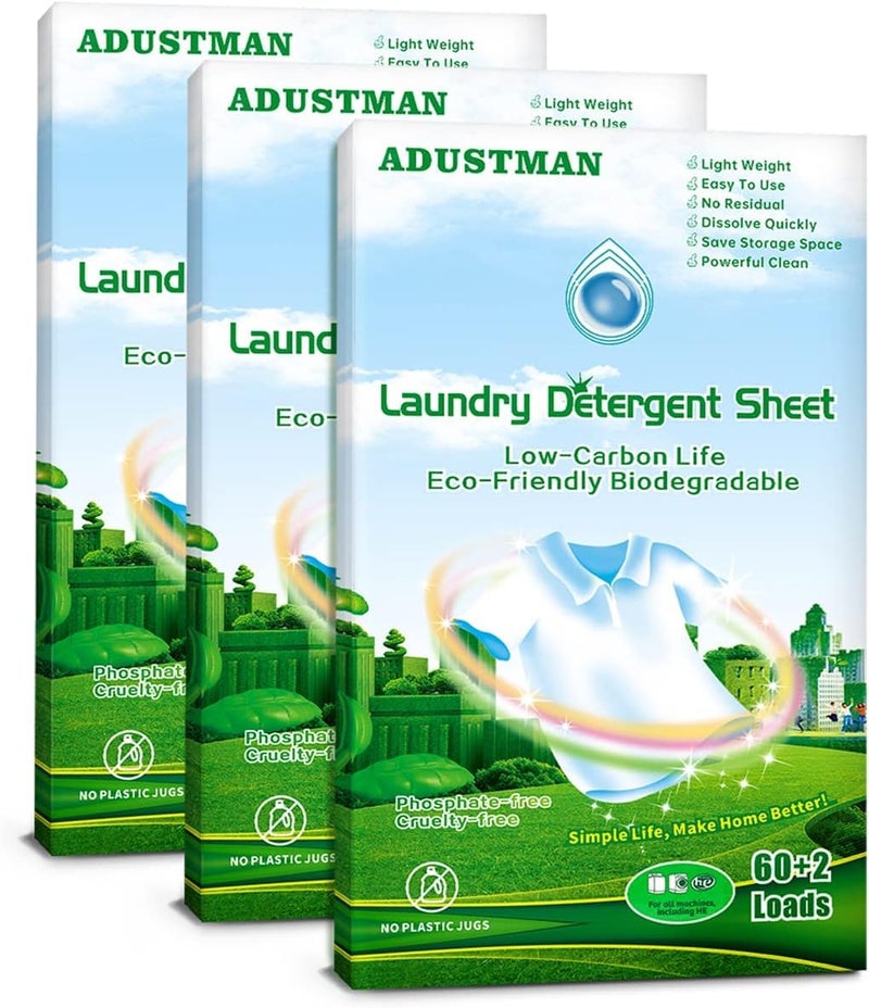 ADUSTMAN Laundry Detergent Sheets StripsBreeze Hypoallergenic Ecofriendly Low Suds Liquidless Earth Friendly No Plastic Jugs 186 Count pack of 3 Fresh