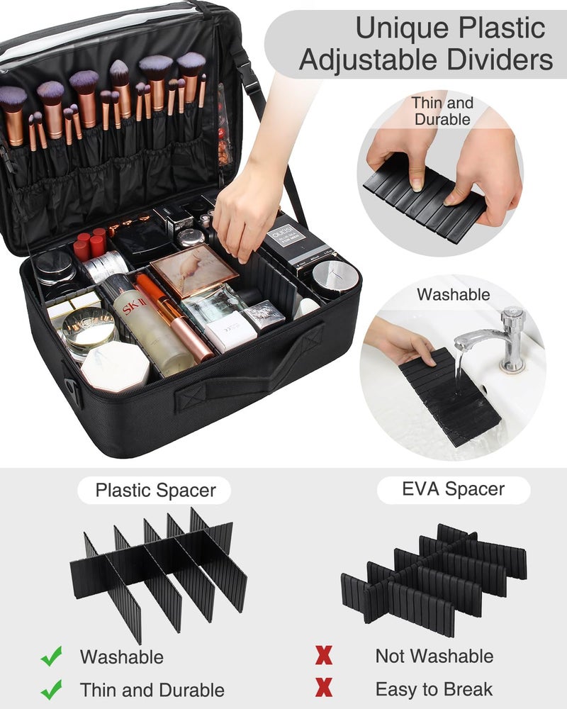 Relavel Extra Large Makeup Case with Plastic Dividers Washable and Easy to Clean, Travel Makeup Train Case Professional Makeup Artist Bag Portable Nail Organizer Box Art Supply Case (Black) - Image 2
