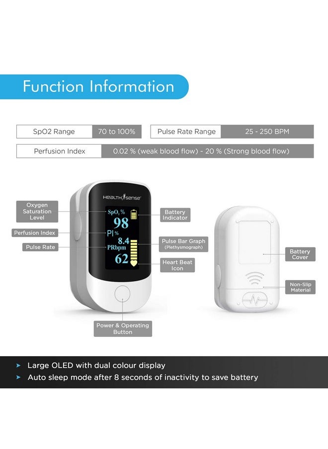 HealthSense Pulse Oximeter, Spo2 Fingertip Monitor With Oled Display, Audio Visual Alarm, Plethysmograph, Four Directional Display, 1 Year Warranty & Batteries Included - Accu-Beat Fp 910  - Image 5