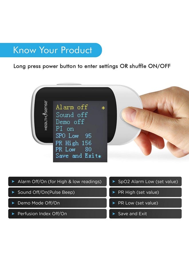 HealthSense Pulse Oximeter, Spo2 Fingertip Monitor With Oled Display, Audio Visual Alarm, Plethysmograph, Four Directional Display, 1 Year Warranty & Batteries Included - Accu-Beat Fp 910  - Image 4