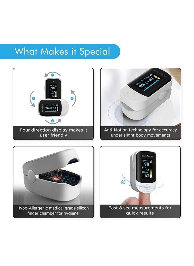 HealthSense Pulse Oximeter, Spo2 Fingertip Monitor With Oled Display, Audio Visual Alarm, Plethysmograph, Four Directional Display, 1 Year Warranty & Batteries Included - Accu-Beat Fp 910  - Image 3
