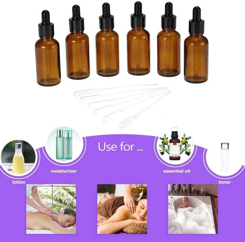 كوزي زجاجة قطارة كهرمانية، زجاجات قطارة عين فارغة مريحة مع قطارة زجاجية، زجاجات زجاجية صغيرة للعينة لموزع الزيوت الأساسية، التدليك، خلط زيوت التجميل (6 قطع | 30 مل) - Image 3