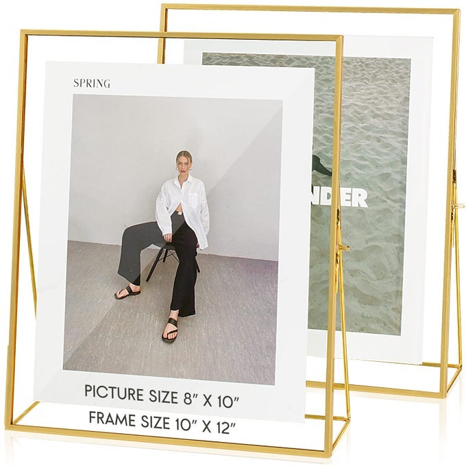 GOLD FLOATING PICTURE FRAME SET OF 2 10X12 GLASS PRESSED FLOWER PICTURE FRAMES TABLETOP STANDING GLASS FLOATING FRAME FOR 8X10 PHOTO DISPLAY