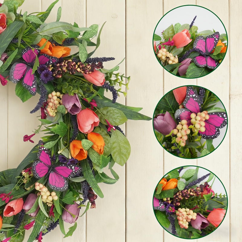 TEMPUS 22 Inch Artificial Wreaths for Front Door with Tulip Wreath, Butterfly, Lavender and Eucalyptus, Vivid Floral for Wall Window Farmhouse Party Holiday Home DÃ©cor - Image 3