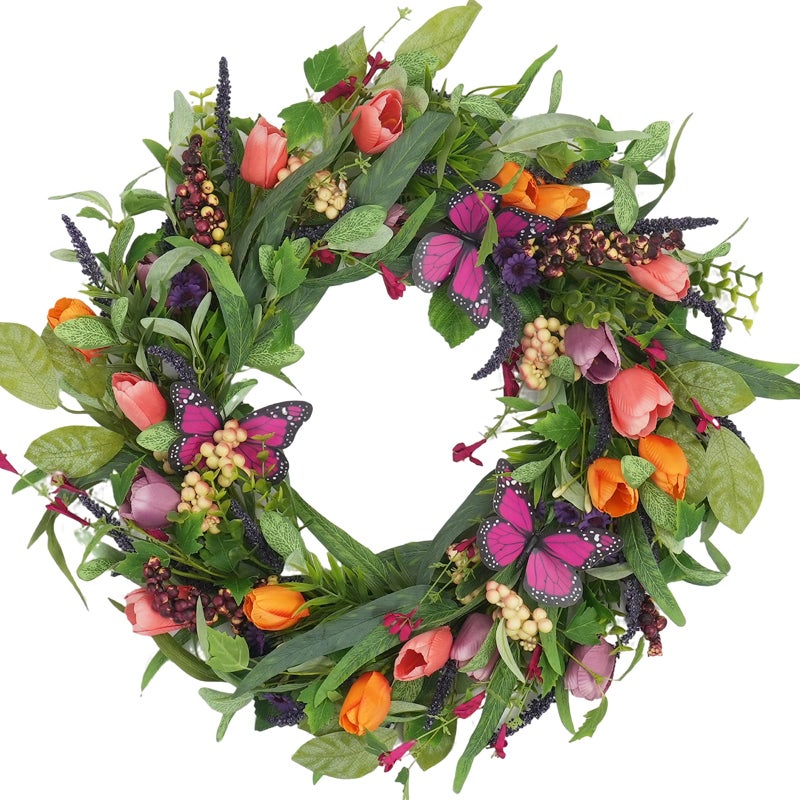 TEMPUS 22 Inch Artificial Wreaths for Front Door with Tulip Wreath, Butterfly, Lavender and Eucalyptus, Vivid Floral for Wall Window Farmhouse Party Holiday Home DÃ©cor - Image 1