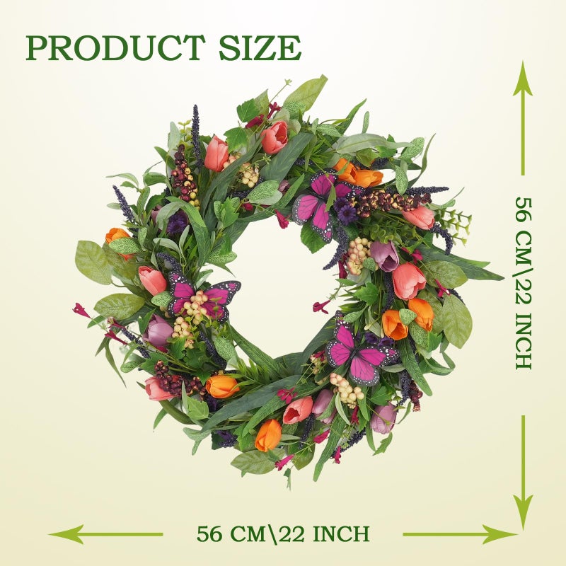 TEMPUS 22 Inch Artificial Wreaths for Front Door with Tulip Wreath, Butterfly, Lavender and Eucalyptus, Vivid Floral for Wall Window Farmhouse Party Holiday Home DÃ©cor - Image 2