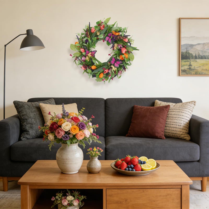 TEMPUS 22 Inch Artificial Wreaths for Front Door with Tulip Wreath, Butterfly, Lavender and Eucalyptus, Vivid Floral for Wall Window Farmhouse Party Holiday Home DÃ©cor - Image 5