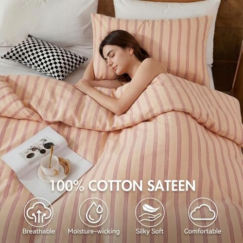 Bedbay 100% Cotton Striped Duvet Cover Set Queen Size, Warm Apricot Bedding Set, 100% Cotton Sateen, Silky Soft Cozy 3 Piece Duvet Cover for All Seasons - Image 2