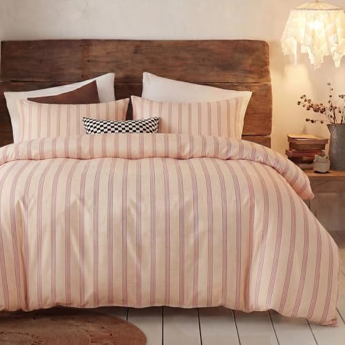 Bedbay 100% Cotton Striped Duvet Cover Set Queen Size, Warm Apricot Bedding Set, 100% Cotton Sateen, Silky Soft Cozy 3 Piece Duvet Cover for All Seasons - Image 1