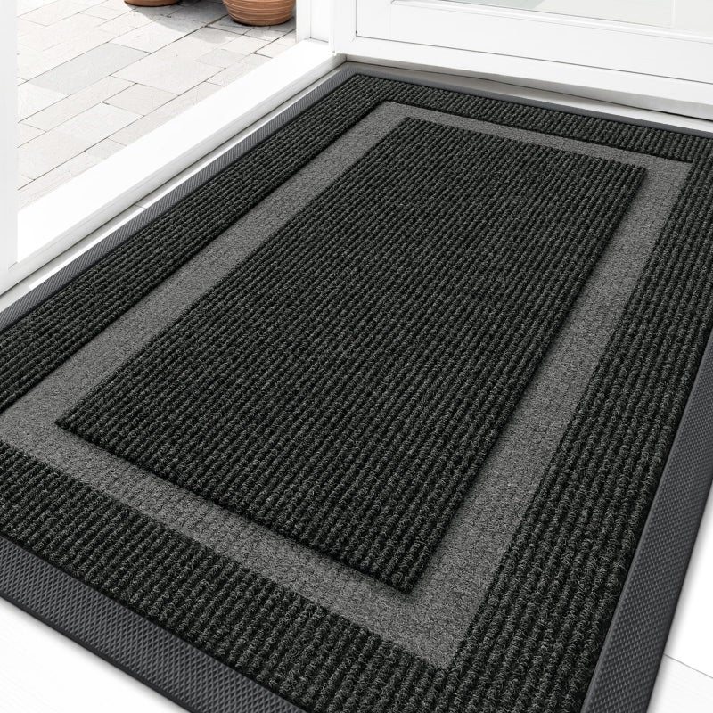 OLANLY Front Door Mat Indoor Outdoor Entrance, Waterproof All-Season, All-Weather Doormat, Sturdy Natural Rubber, Fade Resistant, Low Profile, Easy Clean Patio Porch Entryway Mat, 29.5x17, Black - Image 1