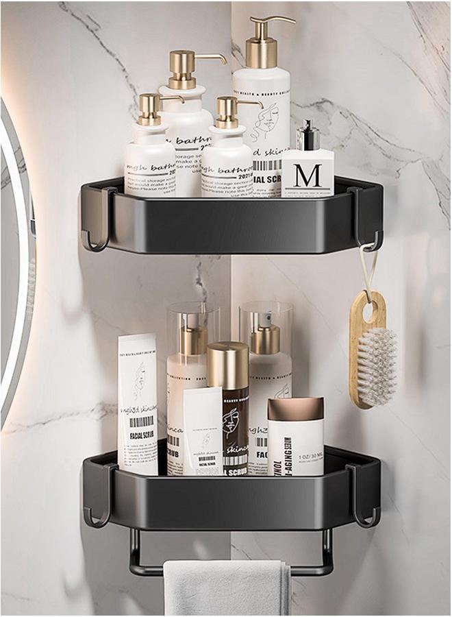 HOMESTAR 2 Pack Bathroom Shower Shelf with 4 Hooks &Towel Bar, Corner Caddy Organizer Rack, Rustproof Storage Baskets, Wall Organization Shelves Basket Black - Image 1