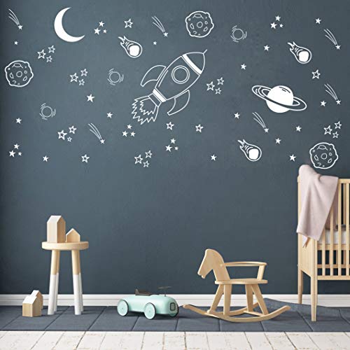 Dycica Space Wall Decal for Nursery, Outer Space Decor, Rocket Ship, Boy Room Decor, Planets for Baby Boys Nursery A37 (White) - Image 2