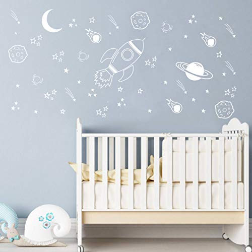 Dycica Space Wall Decal for Nursery, Outer Space Decor, Rocket Ship, Boy Room Decor, Planets for Baby Boys Nursery A37 (White) - Image 3
