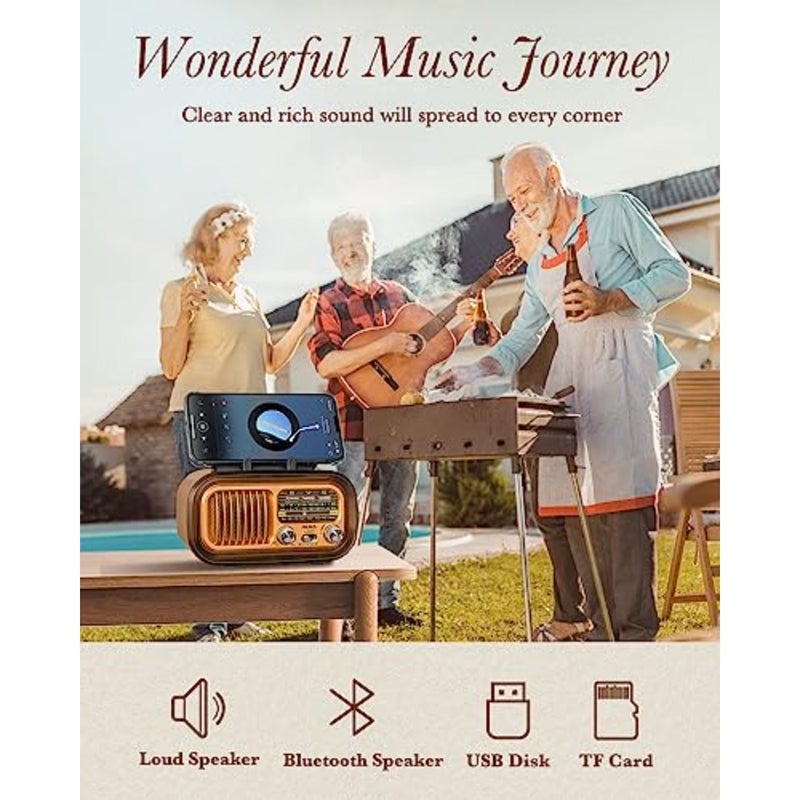 J-150 Portable Radio AM FM SW Bluetooth Speaker, Retro Radios Vintage Transistor with Best Sound, Solar/D Battery Operated/USB Charging, TWS, Support TF Card/USB Playing - Image 5