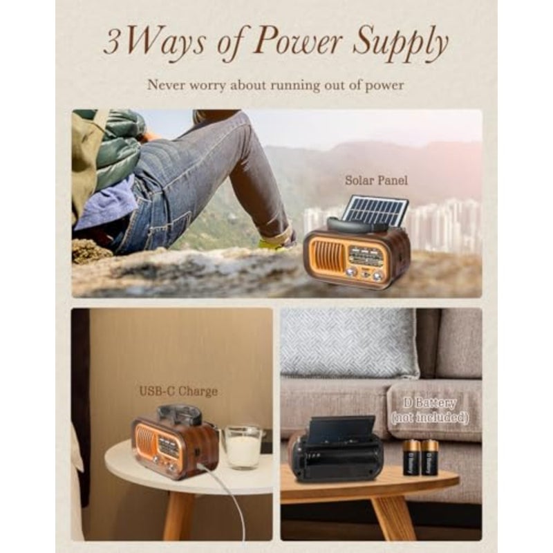 J-150 Portable Radio AM FM SW Bluetooth Speaker, Retro Radios Vintage Transistor with Best Sound, Solar/D Battery Operated/USB Charging, TWS, Support TF Card/USB Playing - Image 2