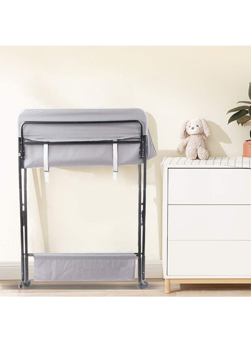 Baby Folding Changing Table with Wheels, Adjustable Height Folding Portable Diaper Station Nursery Organizer with Newborn Clothes Drying Rack and Storage Rack for Infant