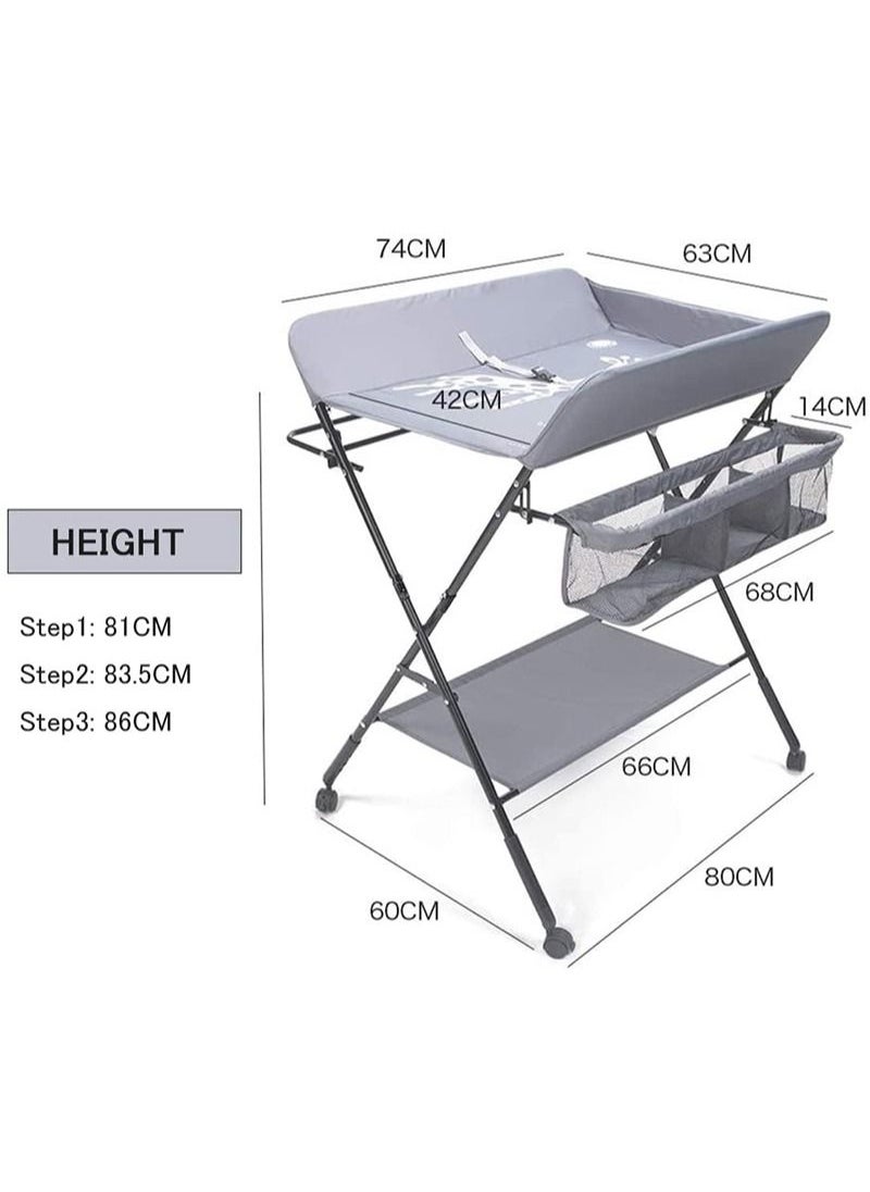 EZdenK Baby Folding Changing Table with Wheels, Adjustable Height Folding Portable Diaper Station Nursery Organizer with Newborn Clothes Drying Rack and Storage Rack for Infant  - Image 3